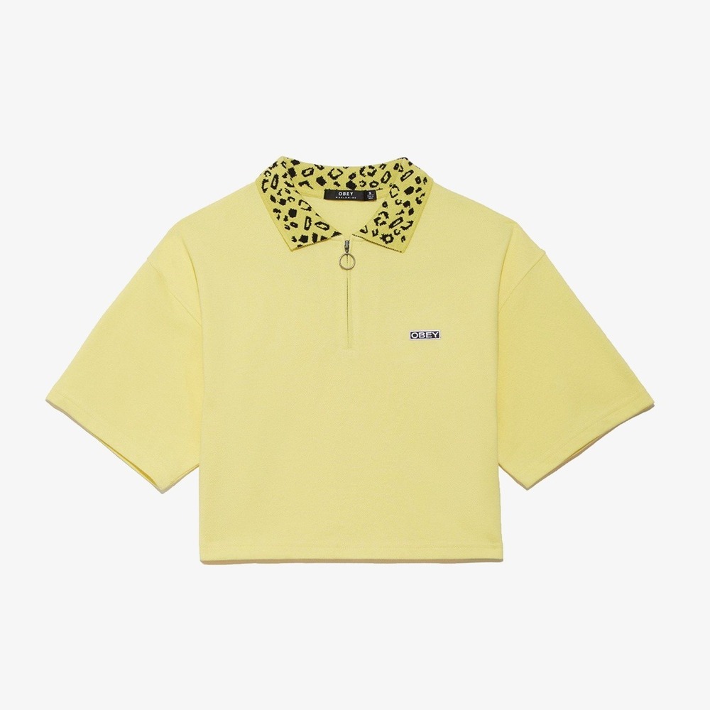 Obey Womens Oversized Cropped Polo Yellow Animal Print Streetwear S